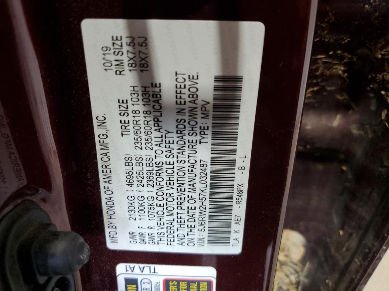 2019 Honda Cr-V Ex VIN: 5J6RW2H57KL032487 Lot: 61483745