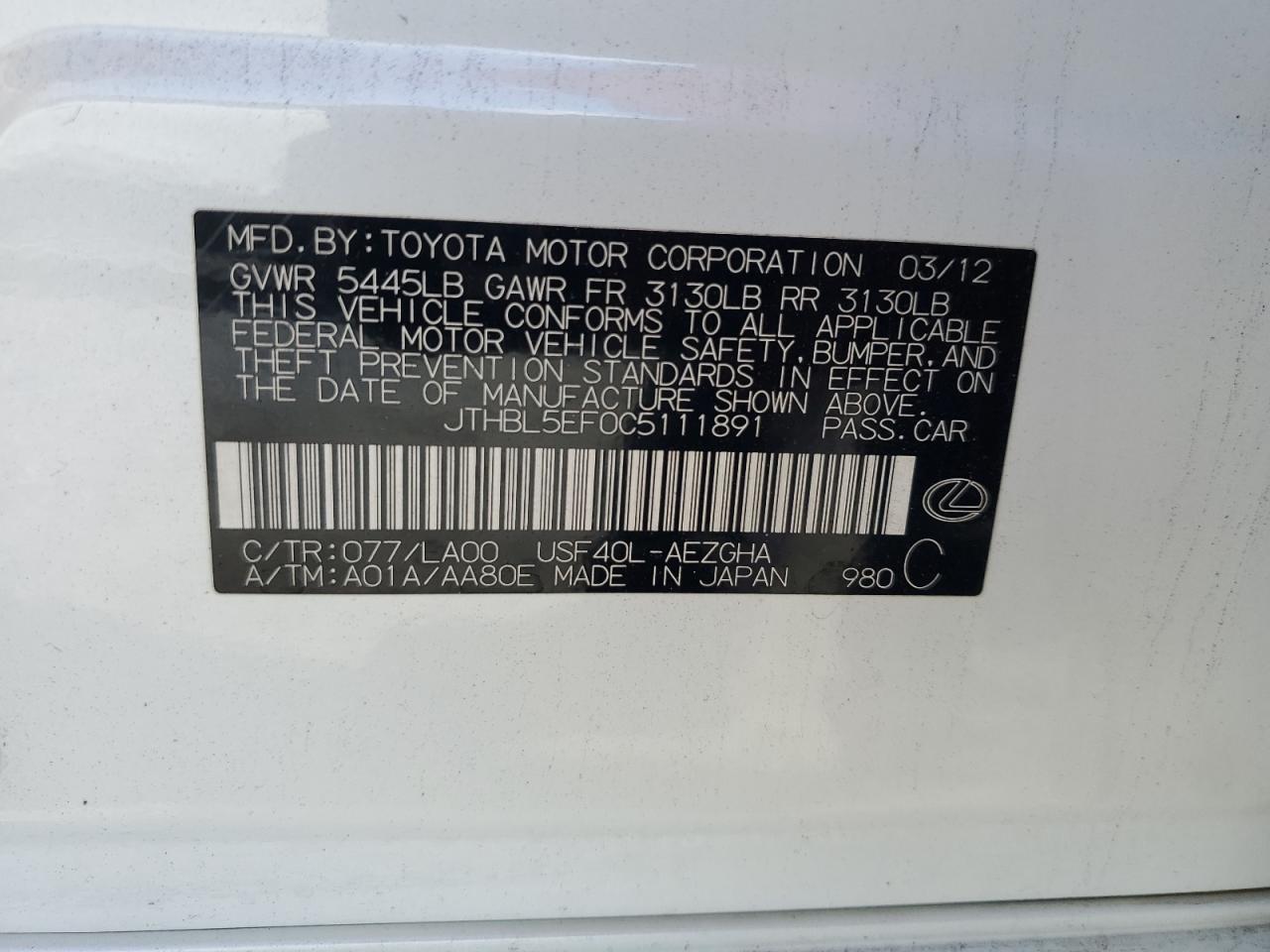 2012 Lexus Ls 460 VIN: JTHBL5EF0C5111891 Lot: 62101125