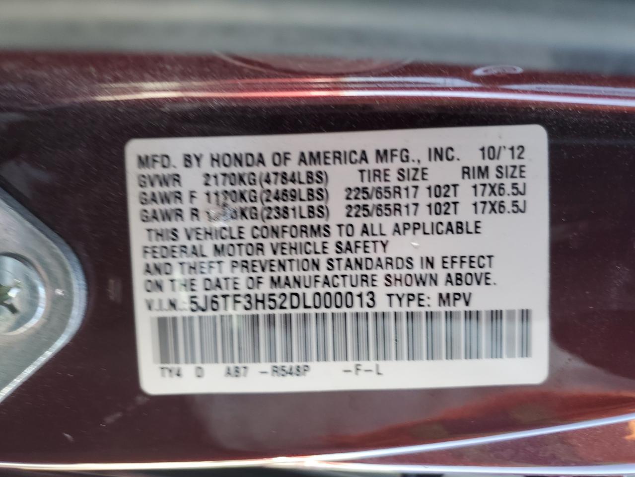 2013 Honda Crosstour Exl VIN: 5J6TF3H52DL000013 Lot: 61797695