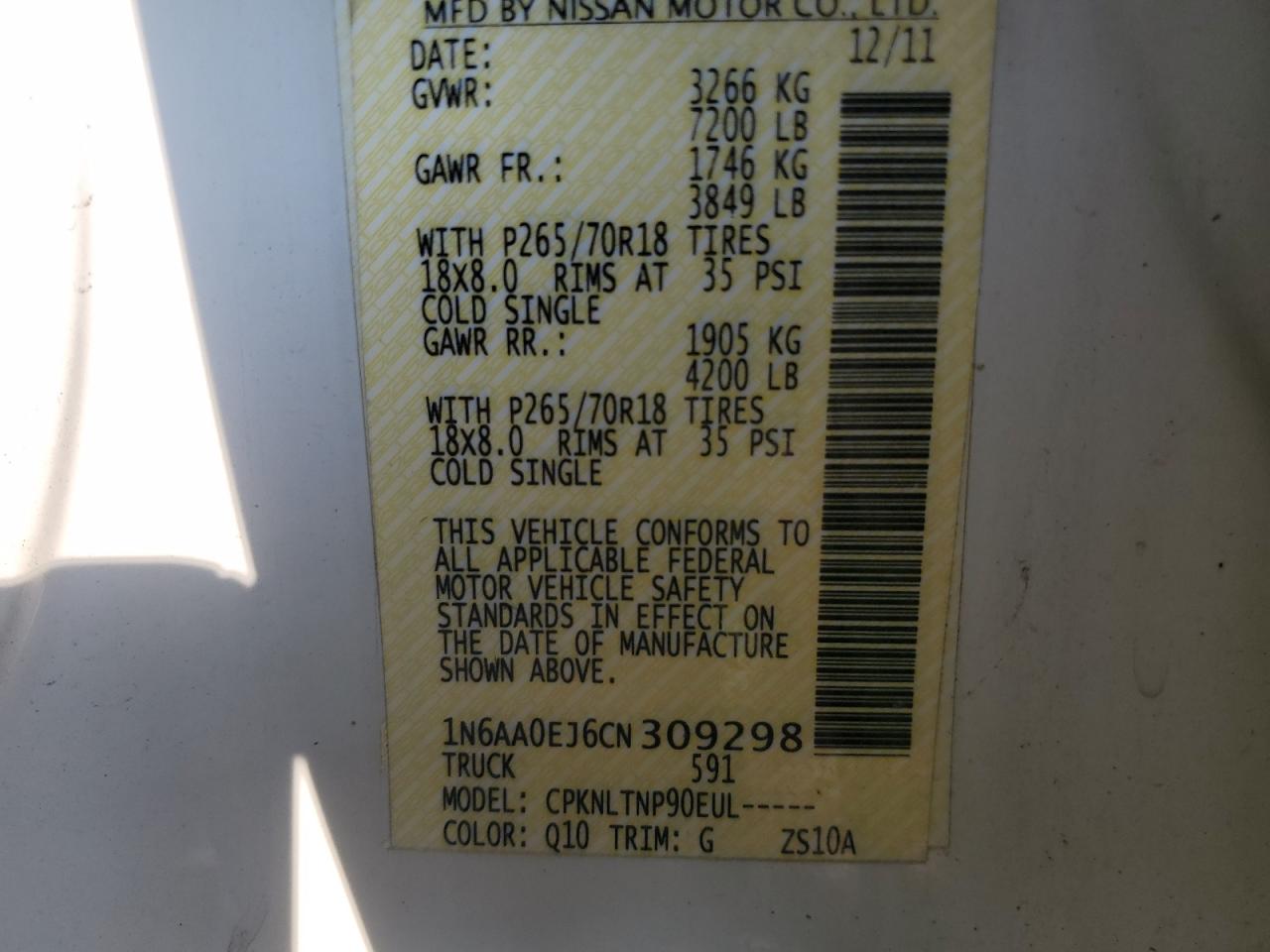 2012 Nissan Titan S VIN: 1N6AA0EJ6CN309298 Lot: 61074075