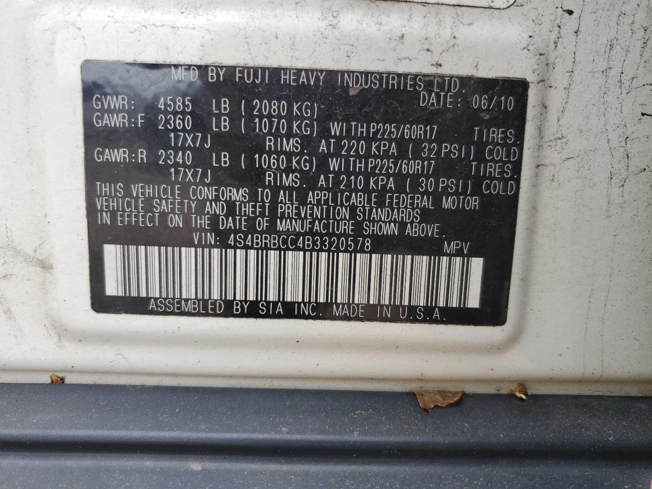SUBARU OUTBACK 2011 VIN 4S4BRBCC4B3320578 photo 13
