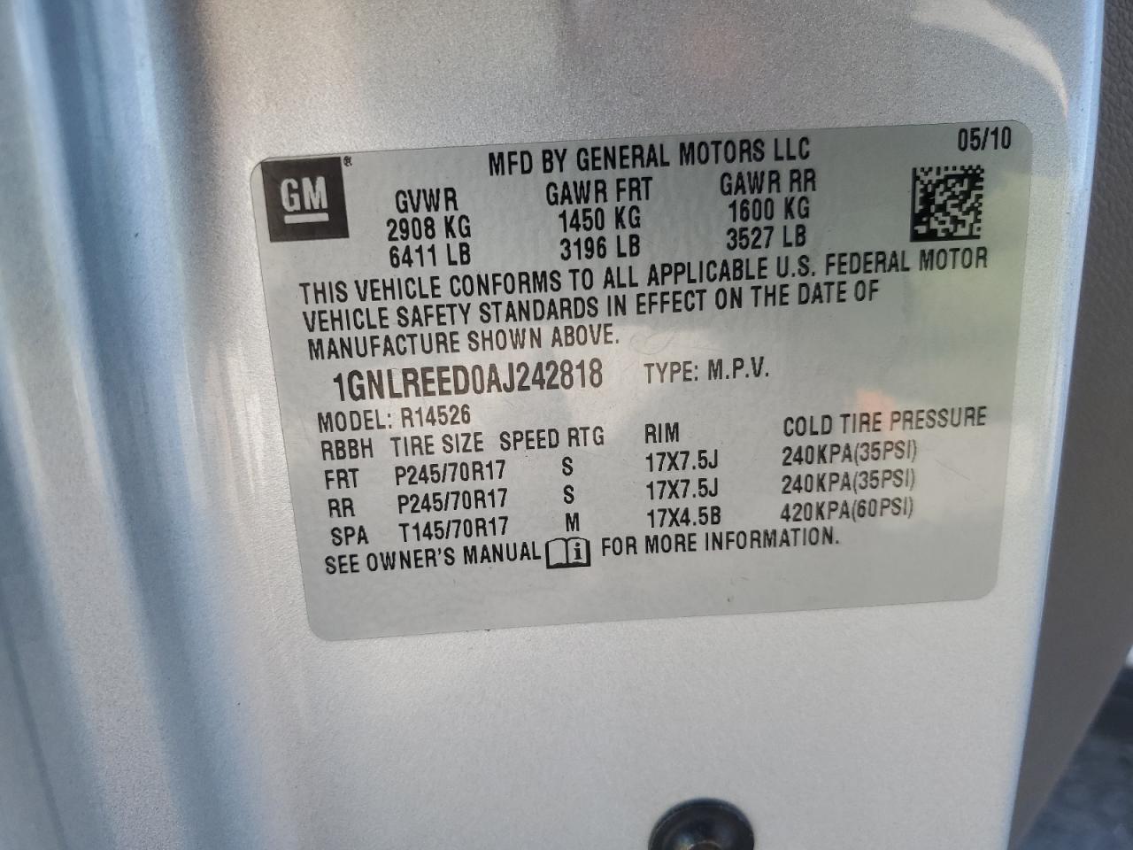 2010 Chevrolet Traverse Ls VIN: 1GNLREED0AJ242818 Lot: 62084495