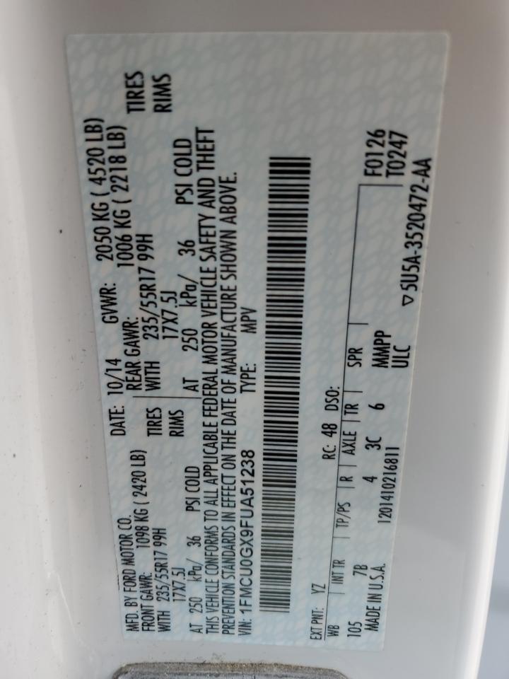 2015 Ford Escape Se VIN: 1FMCU0GX9FUA51238 Lot: 62899275