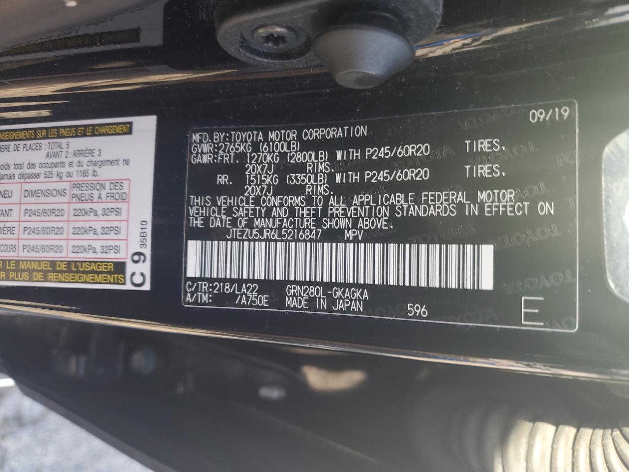 2020 Toyota 4Runner Sr5 VIN: JTEZU5JR6L5216847 Lot: 63123805