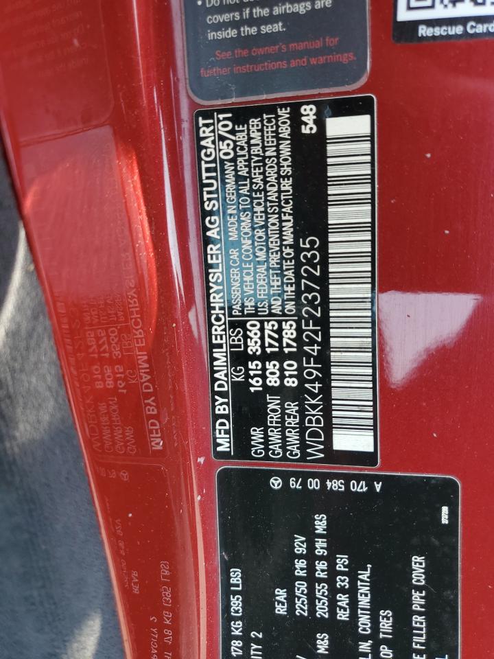 2002 Mercedes-Benz Slk 230 Kompressor VIN: WDBKK49F42F237235 Lot: 62314485