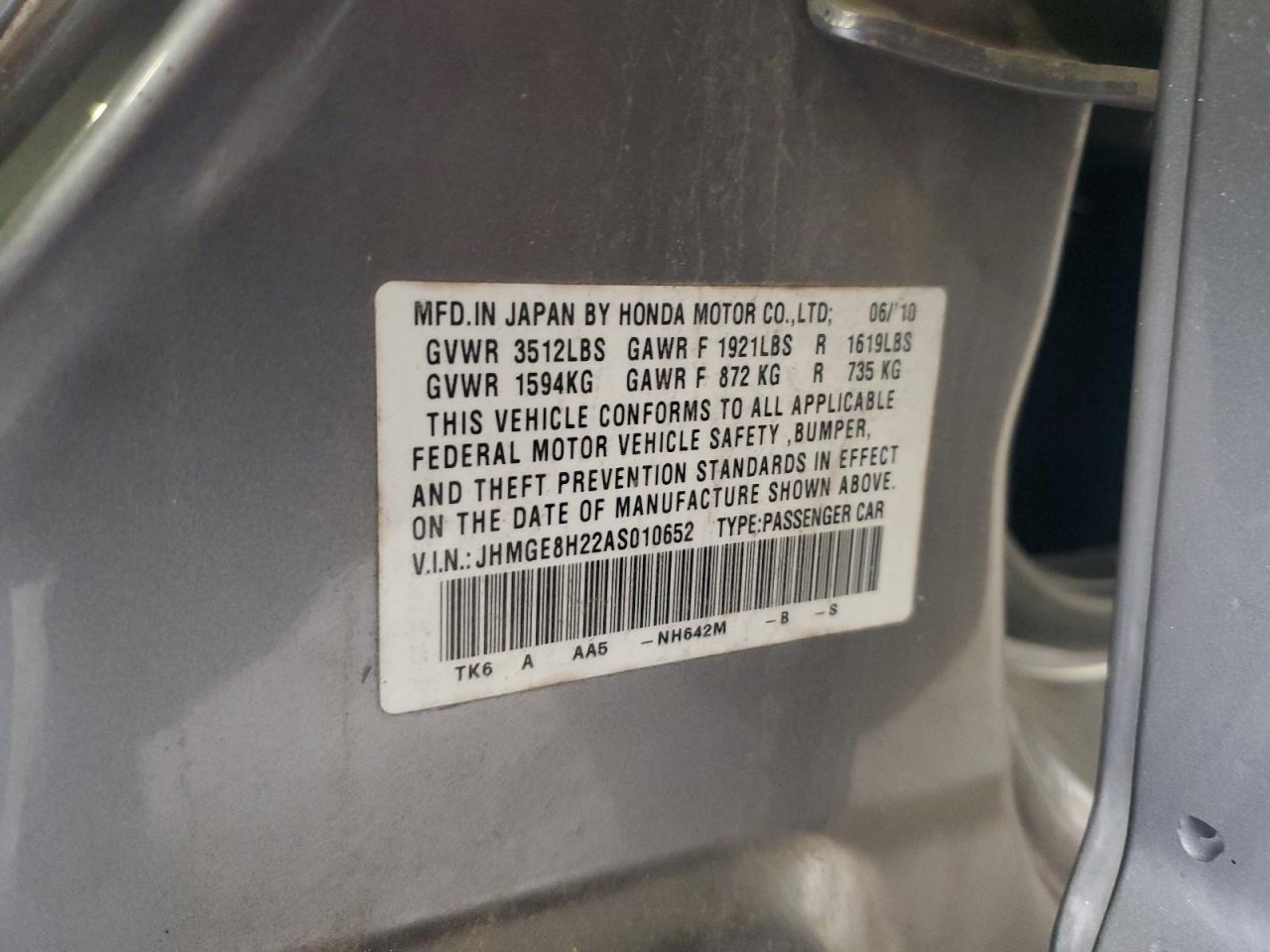 2010 Honda Fit VIN: JHMGE8H22AS010652 Lot: 59621225