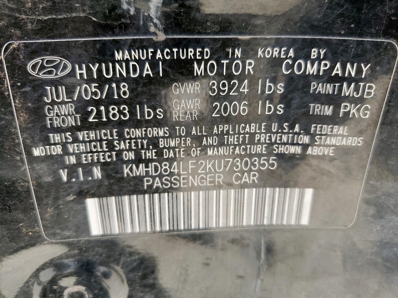 2019 Hyundai Elantra Sel VIN: KMHD84LF2KU730355 Lot: 62129115