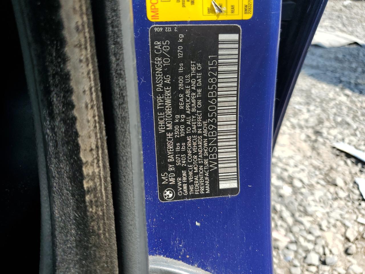 2006 BMW M5 VIN: WBSNB93506B582151 Lot: 62717965