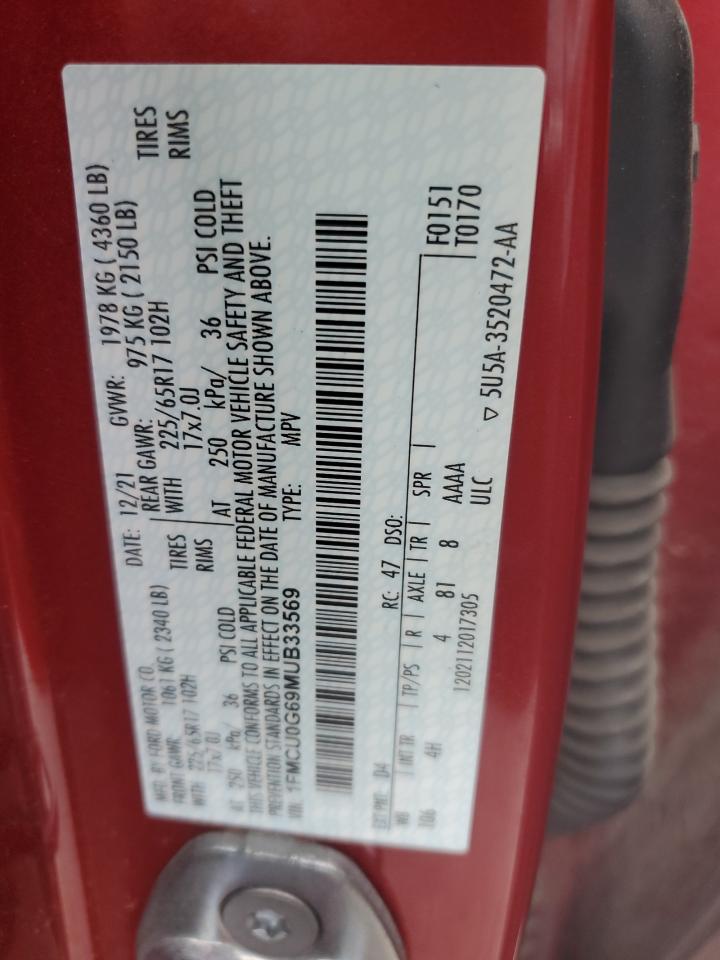 2021 Ford Escape Se VIN: 1FMCU0G69MUB33569 Lot: 62696555