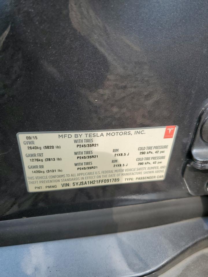 2015 Tesla Model S 85D VIN: 5YJSA1H21FF091789 Lot: 59567185