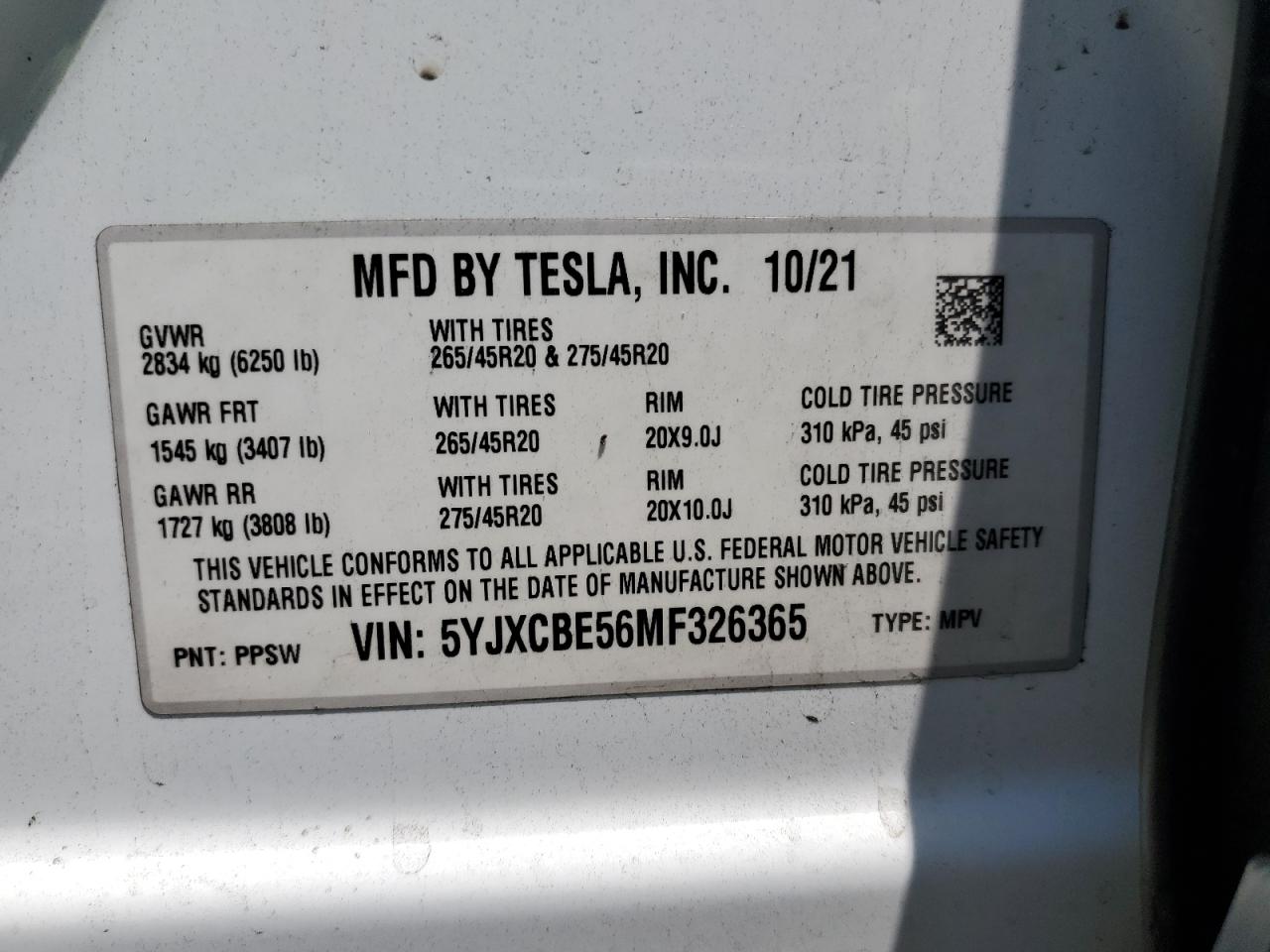 2021 Tesla Model X VIN: 5YJXCBE56MF326365 Lot: 62170525