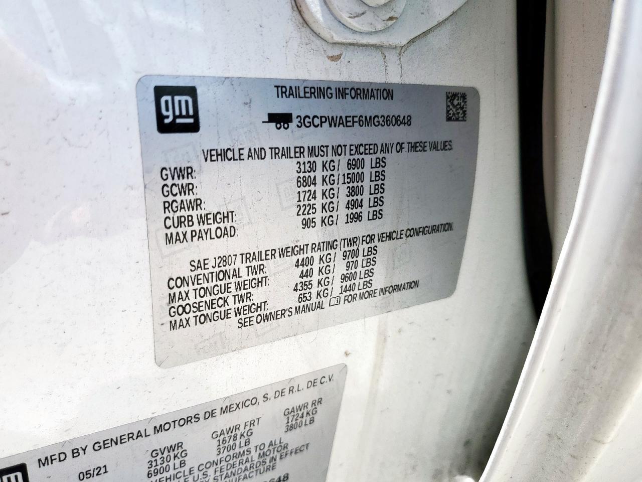 2021 Chevrolet Silverado C1500 VIN: 3GCPWAEF6MG360648 Lot: 62849035
