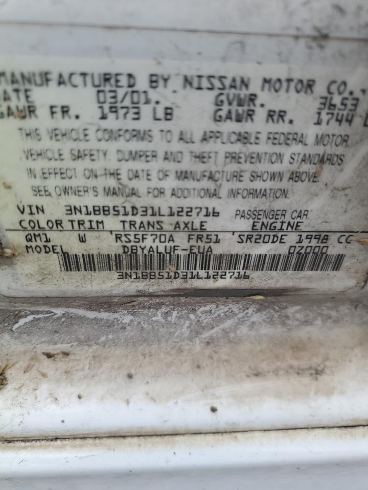 2001 Nissan Sentra Se VIN: 3N1BB51D31L122716 Lot: 59977245