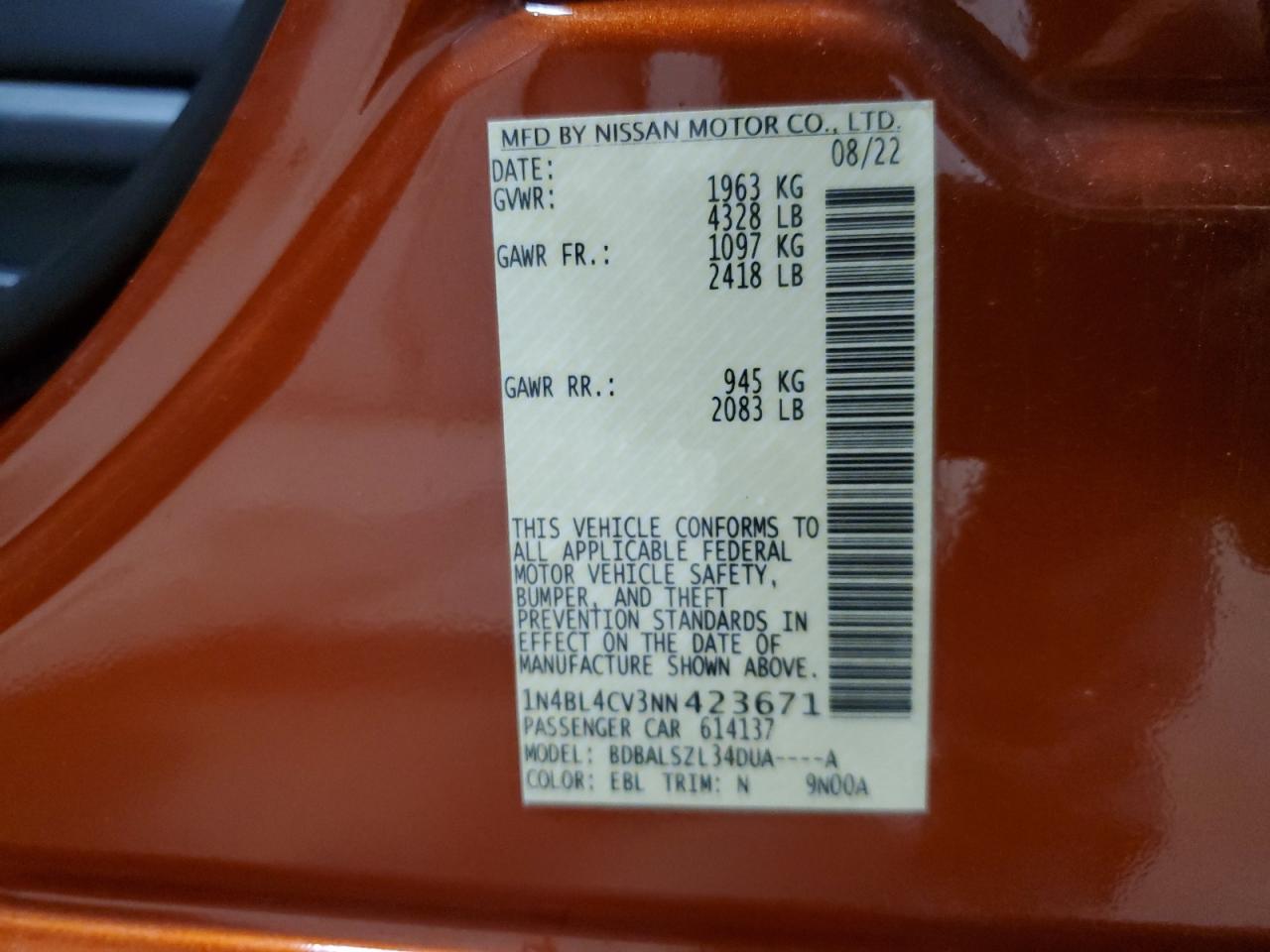 2022 Nissan Altima Sr VIN: 1N4BL4CV3NN423671 Lot: 62764165