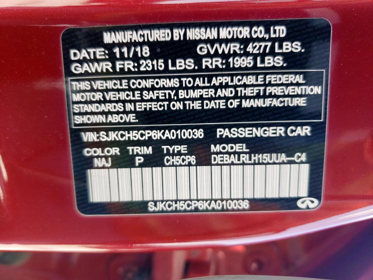 2019 Infiniti Qx30 Pure VIN: SJKCH5CP6KA010036 Lot: 61610995