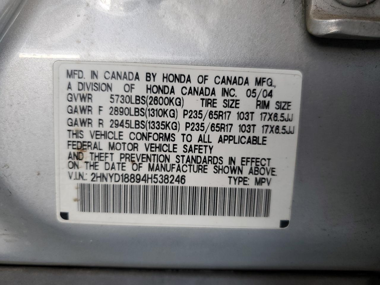2004 Acura Mdx Touring VIN: 2HNYD18894H538246 Lot: 61478205