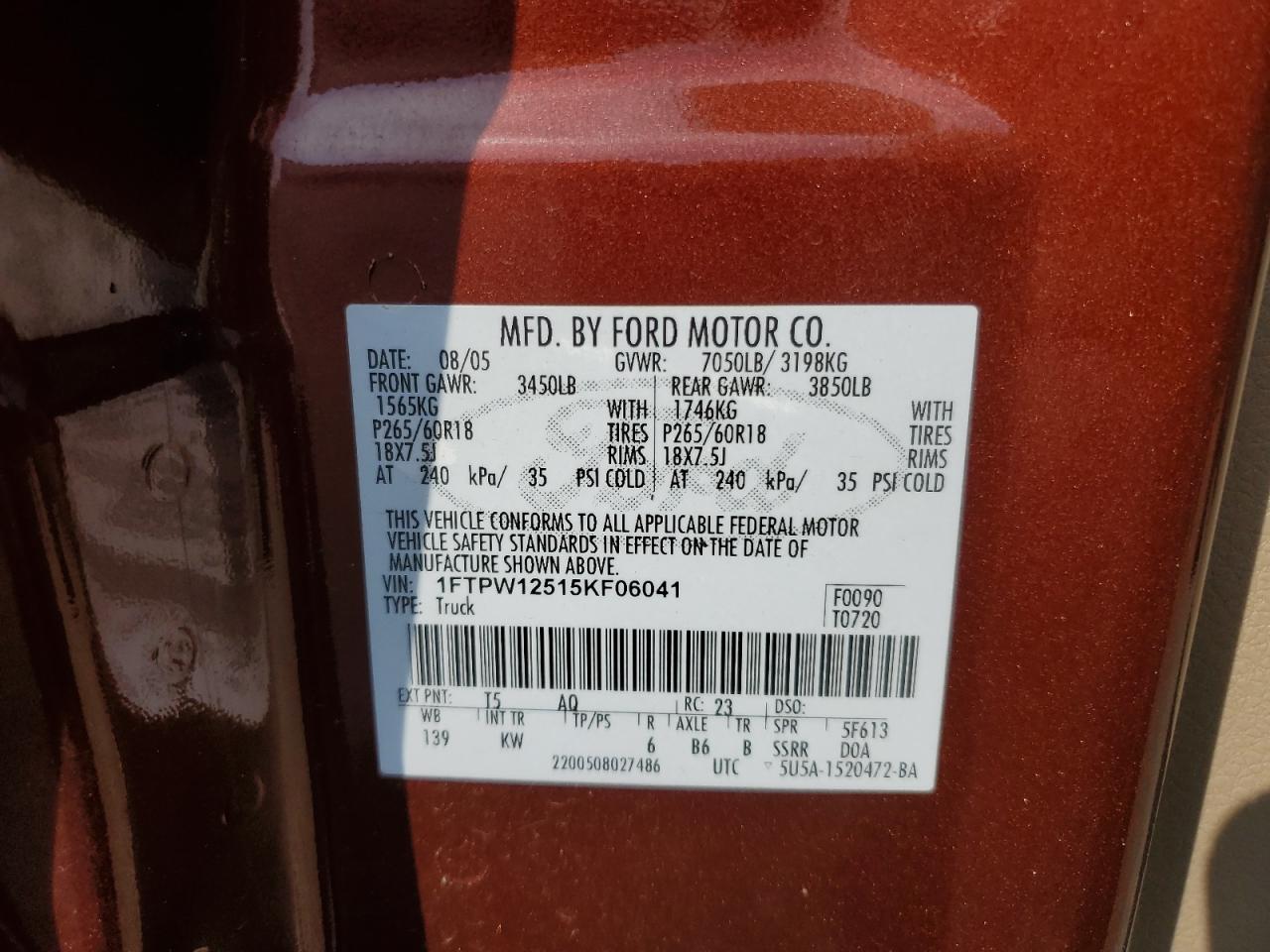 2005 Ford F150 Supercrew VIN: 1FTPW12515KF06041 Lot: 65602155