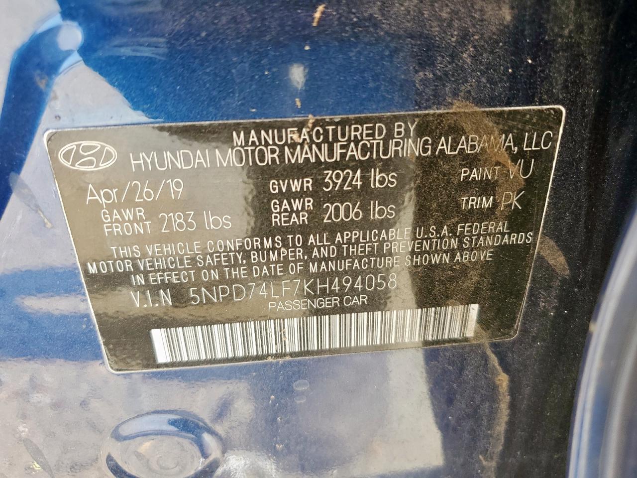 2019 Hyundai Elantra Se VIN: 5NPD74LF7KH494058 Lot: 62363575