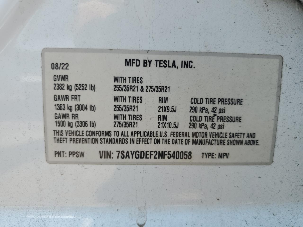 2022 Tesla Model Y VIN: 7SAYGDEF2NF540058 Lot: 63110375