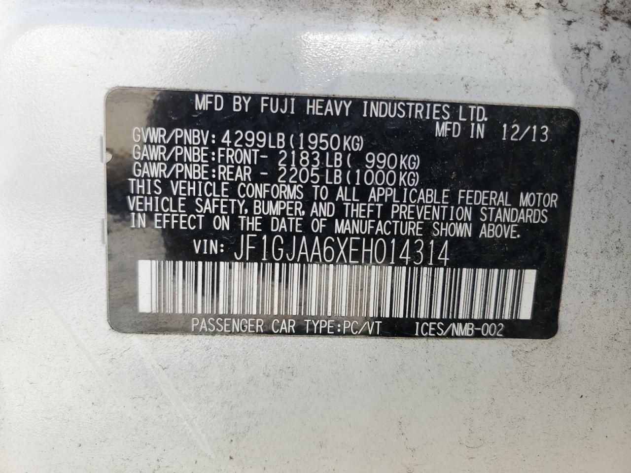 2014 Subaru Impreza VIN: JF1GJAA6XEH014314 Lot: 60752835