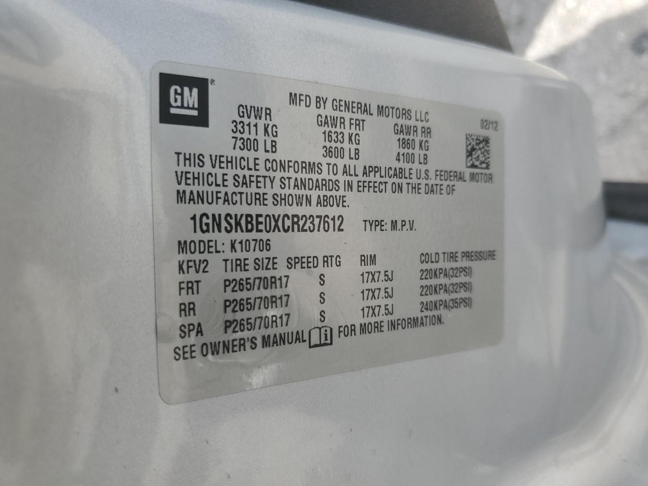 2012 Chevrolet Tahoe K1500 Lt VIN: 1GNSKBE0XCR237612 Lot: 62027885