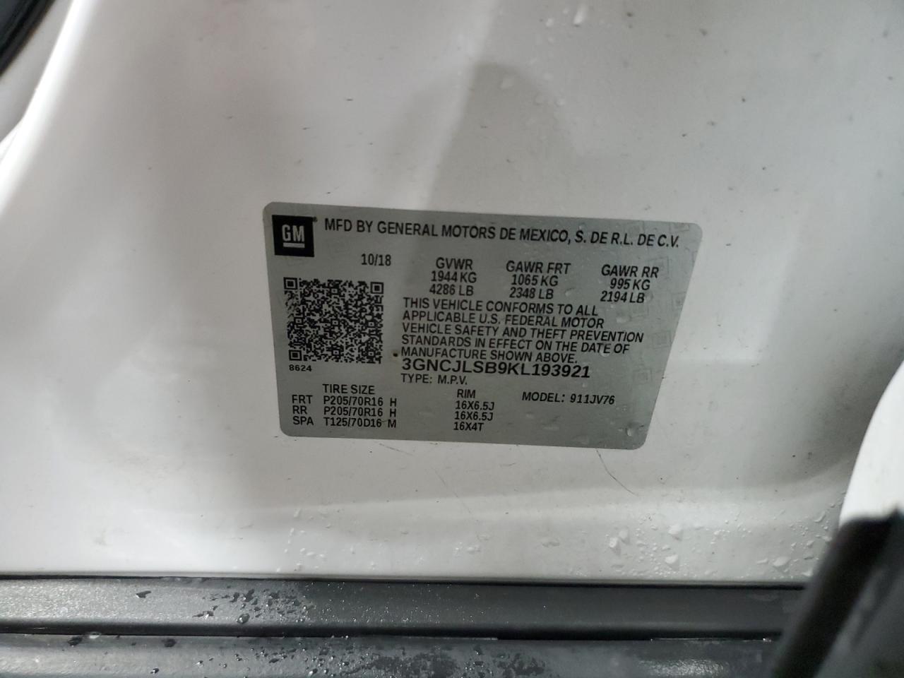 2019 Chevrolet Trax 1Lt VIN: 3GNCJLSB9KL193921 Lot: 59714075