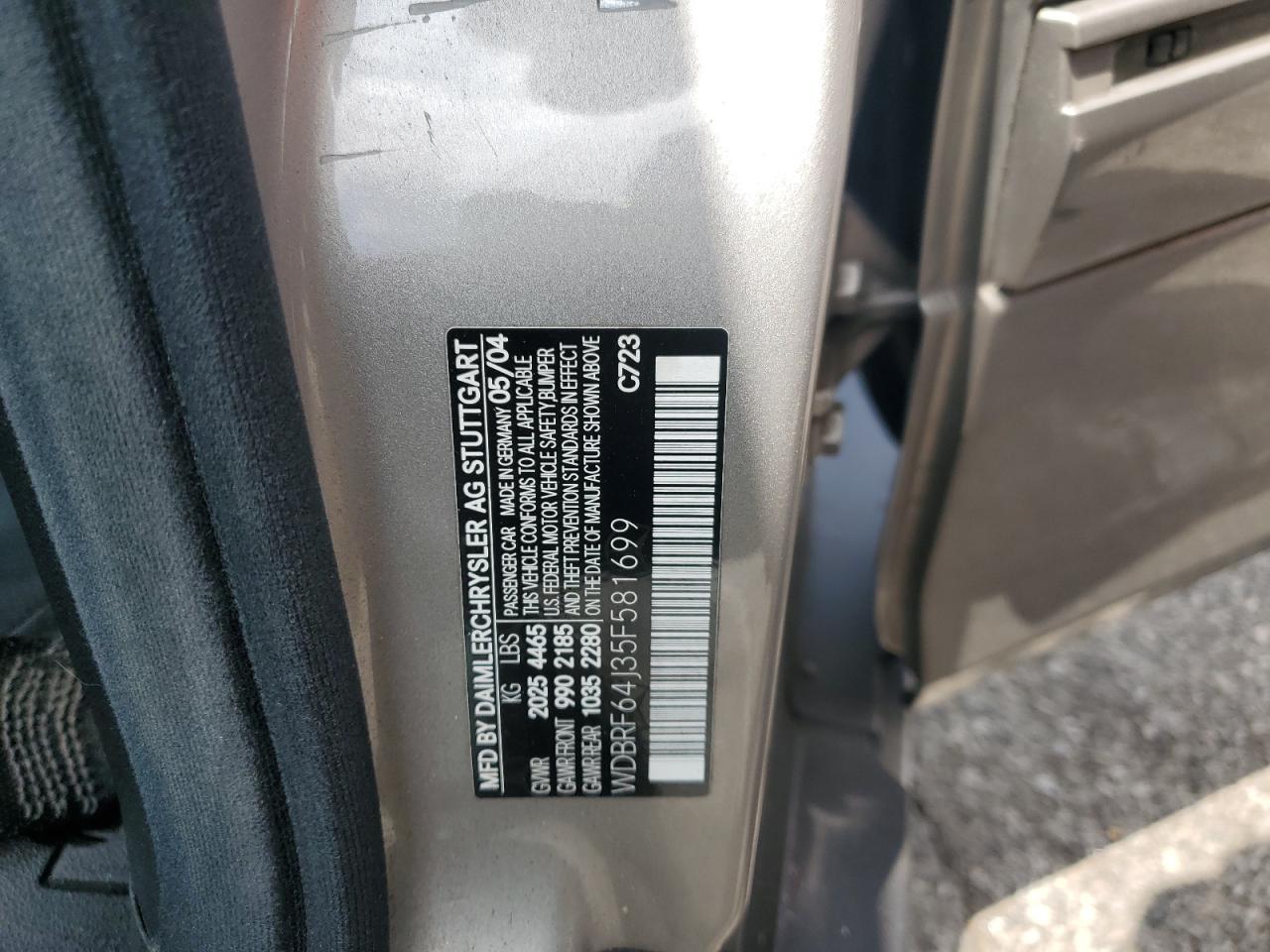 2005 Mercedes-Benz C 320 VIN: WDBRF64J35F581699 Lot: 62106005