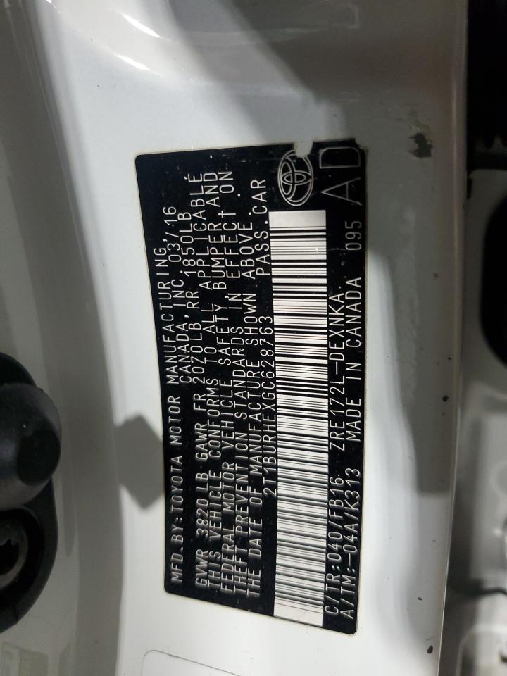 2016 Toyota Corolla L VIN: 2T1BURHEXGC628763 Lot: 58983105