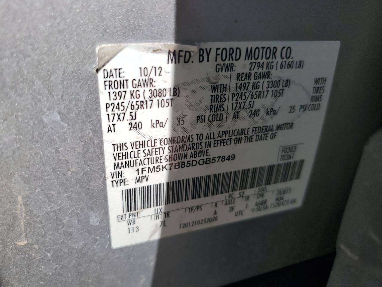 2013 Ford Explorer VIN: 1FM5K7B85DGB57849 Lot: 61686085