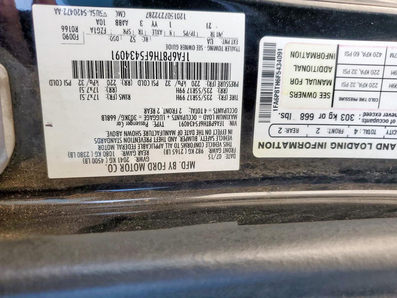 2015 Ford Mustang VIN: 1FA6P8TH6F5434091 Lot: 62946695