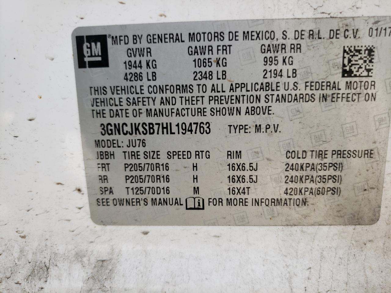 2017 Chevrolet Trax Ls VIN: 3GNCJKSB7HL194763 Lot: 59678515