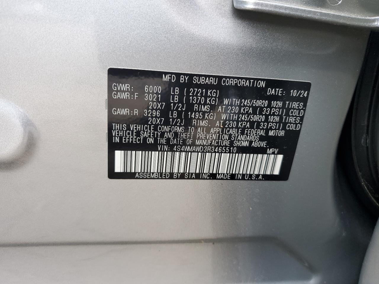 2024 Subaru Ascent Touring VIN: 4S4WMAWD3R3465510 Lot: 59956735