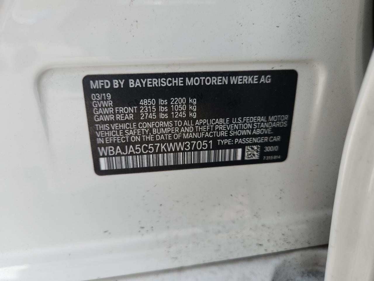 2019 BMW 530 I VIN: WBAJA5C57KWW37051 Lot: 62927385