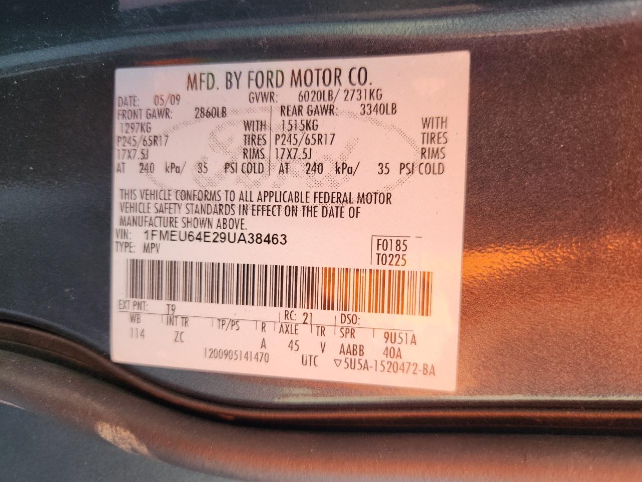 2009 Ford Explorer Eddie Bauer VIN: 1FMEU64E29UA38463 Lot: 63054145