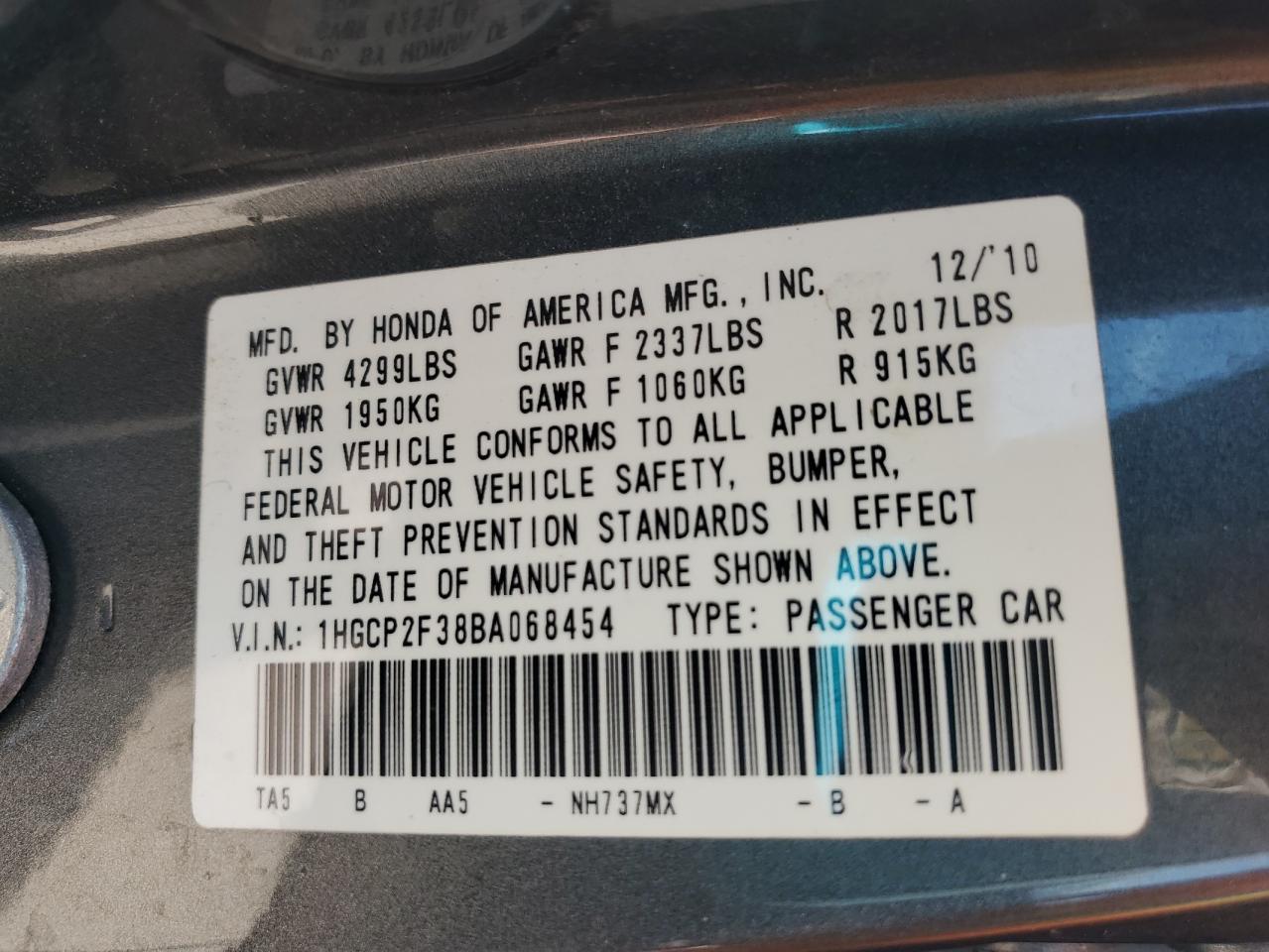 2011 Honda Accord Lx VIN: 1HGCP2F38BA068454 Lot: 61071975