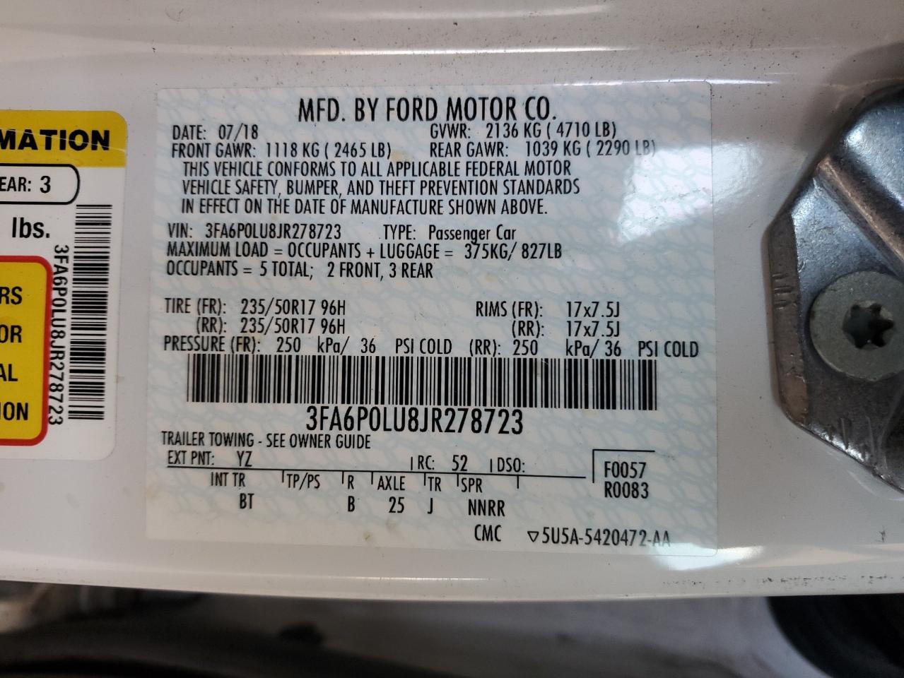 2018 Ford Fusion Se Hybrid VIN: 3FA6P0LU8JR278723 Lot: 58999095