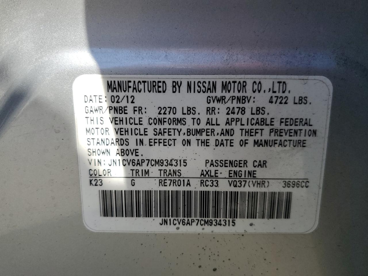 2012 Infiniti G37 Base VIN: JN1CV6AP7CM934315 Lot: 59523145