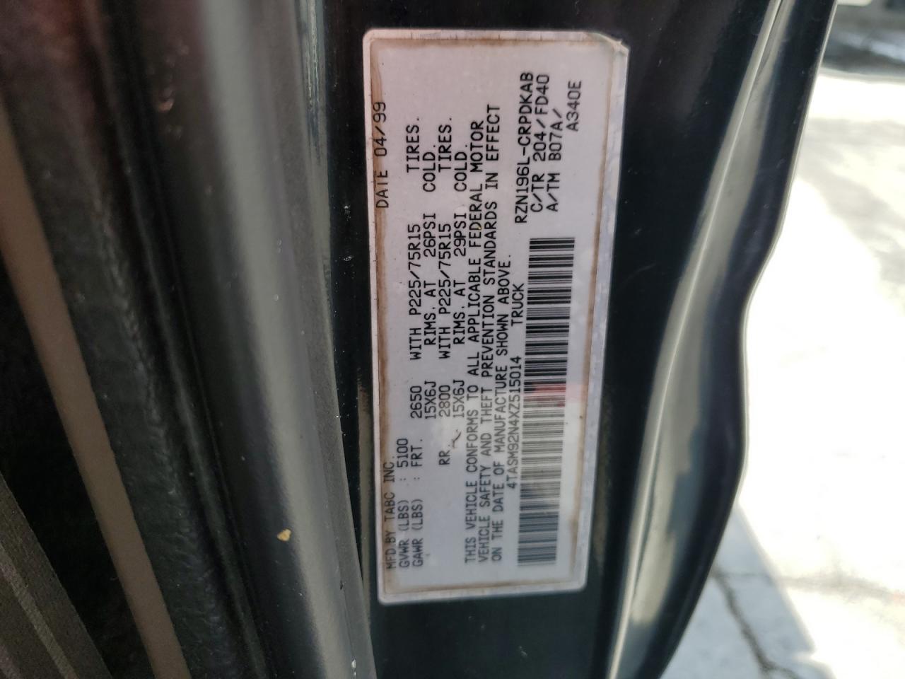 1999 Toyota Tacoma Xtracab Prerunner VIN: 4TASM92N4XZ515014 Lot: 61755185