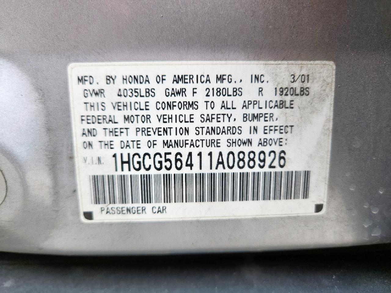 2001 Honda Accord Lx VIN: 1HGCG56411A088926 Lot: 59516815