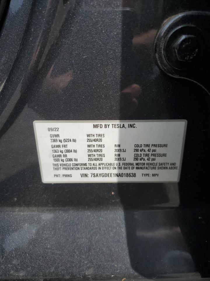 2022 Tesla Model Y VIN: 7SAYGDEE1NA018638 Lot: 61342545
