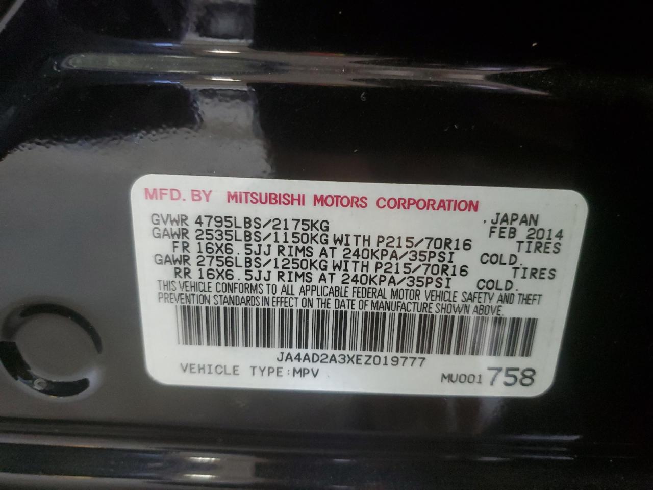 2014 Mitsubishi Outlander Es VIN: JA4AD2A3XEZ019777 Lot: 62540875
