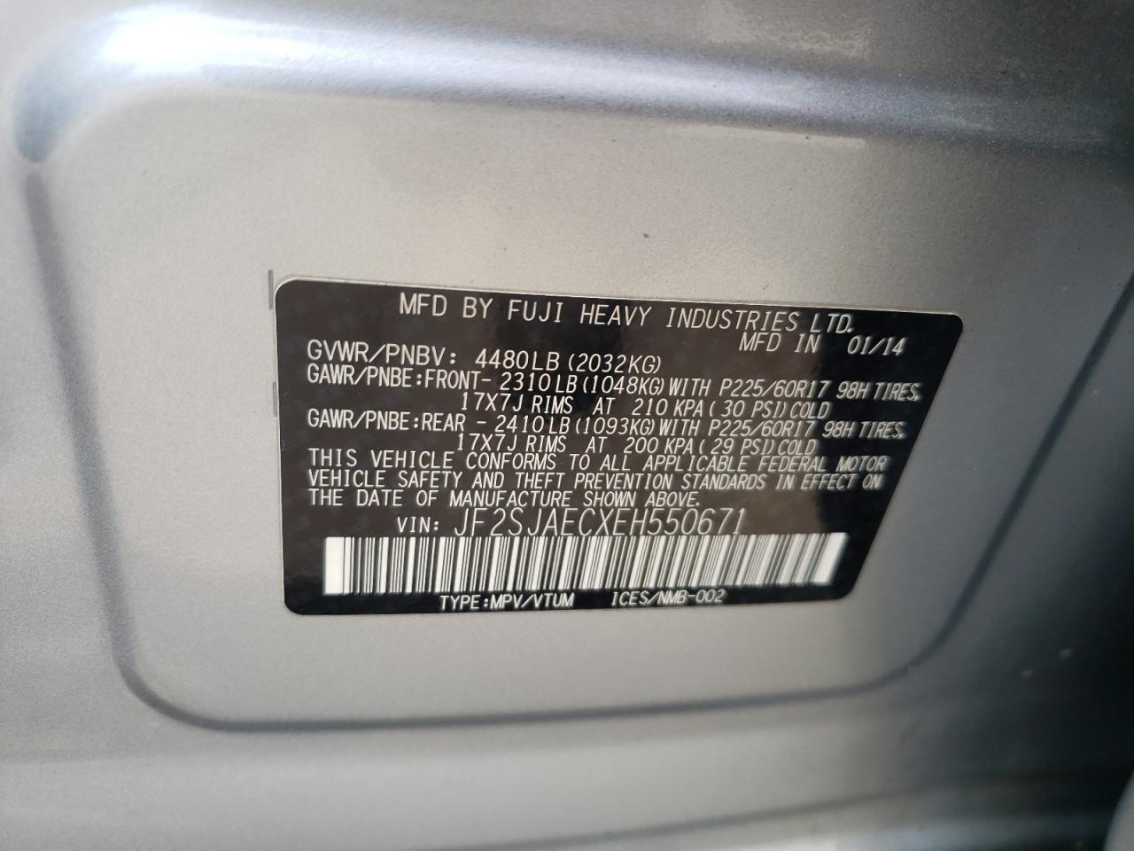 2014 Subaru Forester 2.5I Premium VIN: JF2SJAECXEH550671 Lot: 62538075