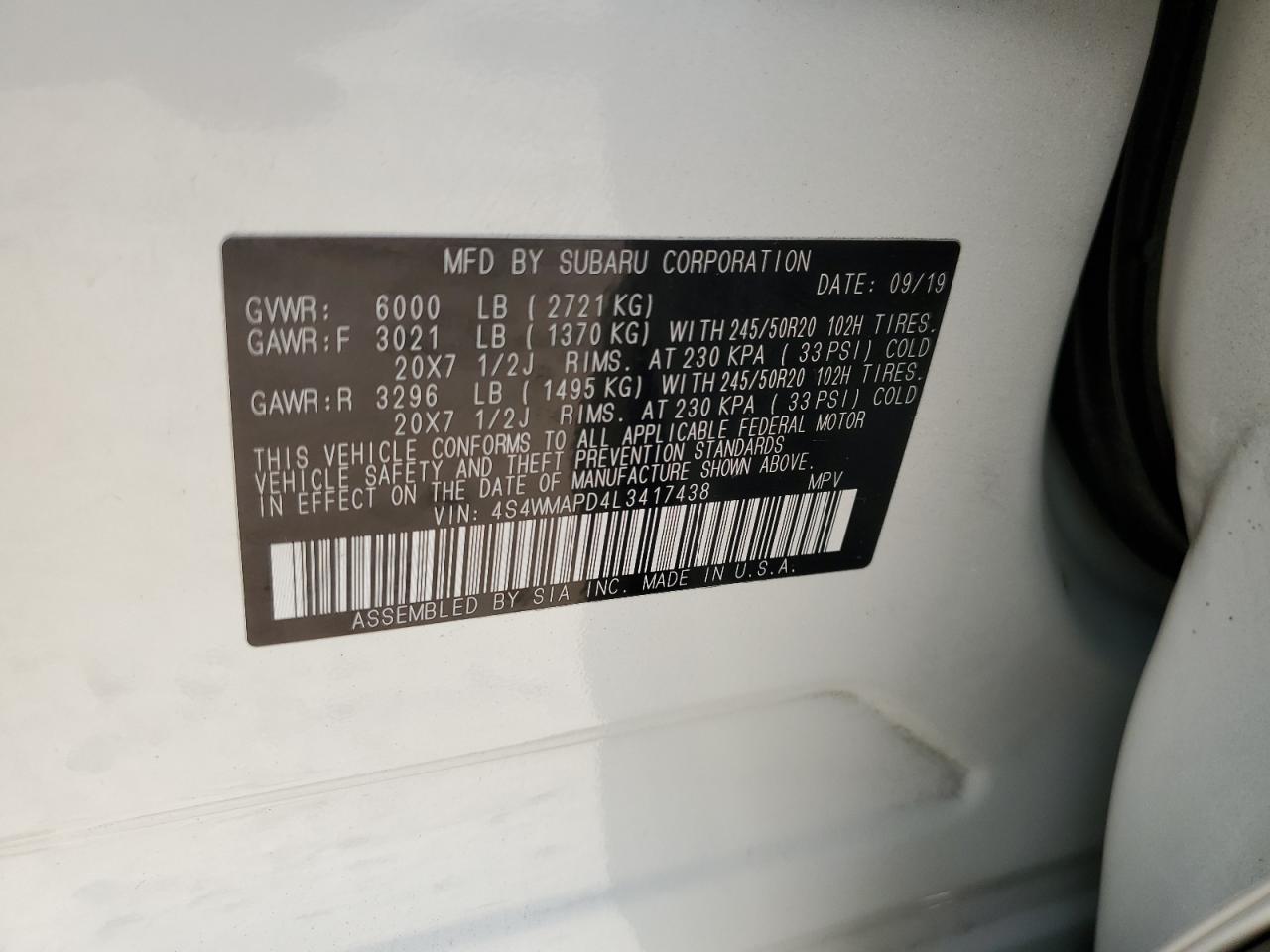 2020 Subaru Ascent Limited VIN: 4S4WMAPD4L3417438 Lot: 62695255