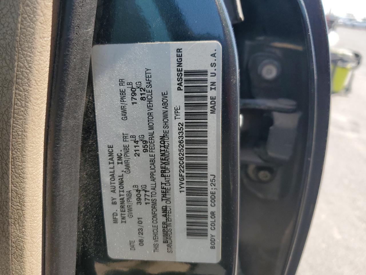 2002 Mazda 626 Lx VIN: 1YVGF22C625263352 Lot: 60855395