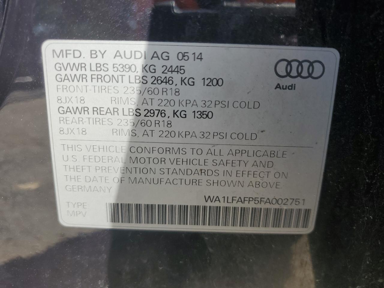 2015 Audi Q5 Premium Plus VIN: WA1LFAFP5FA002751 Lot: 61239505