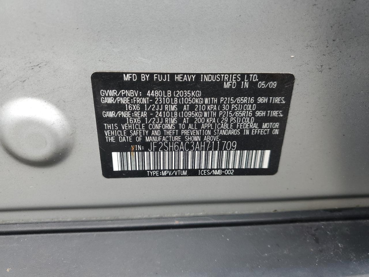 2010 Subaru Forester 2.5X VIN: JF2SH6AC3AH711709 Lot: 62534955