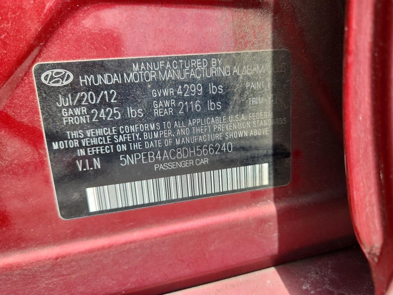 2013 Hyundai Sonata Gls VIN: 5NPEB4AC8DH566240 Lot: 62803845