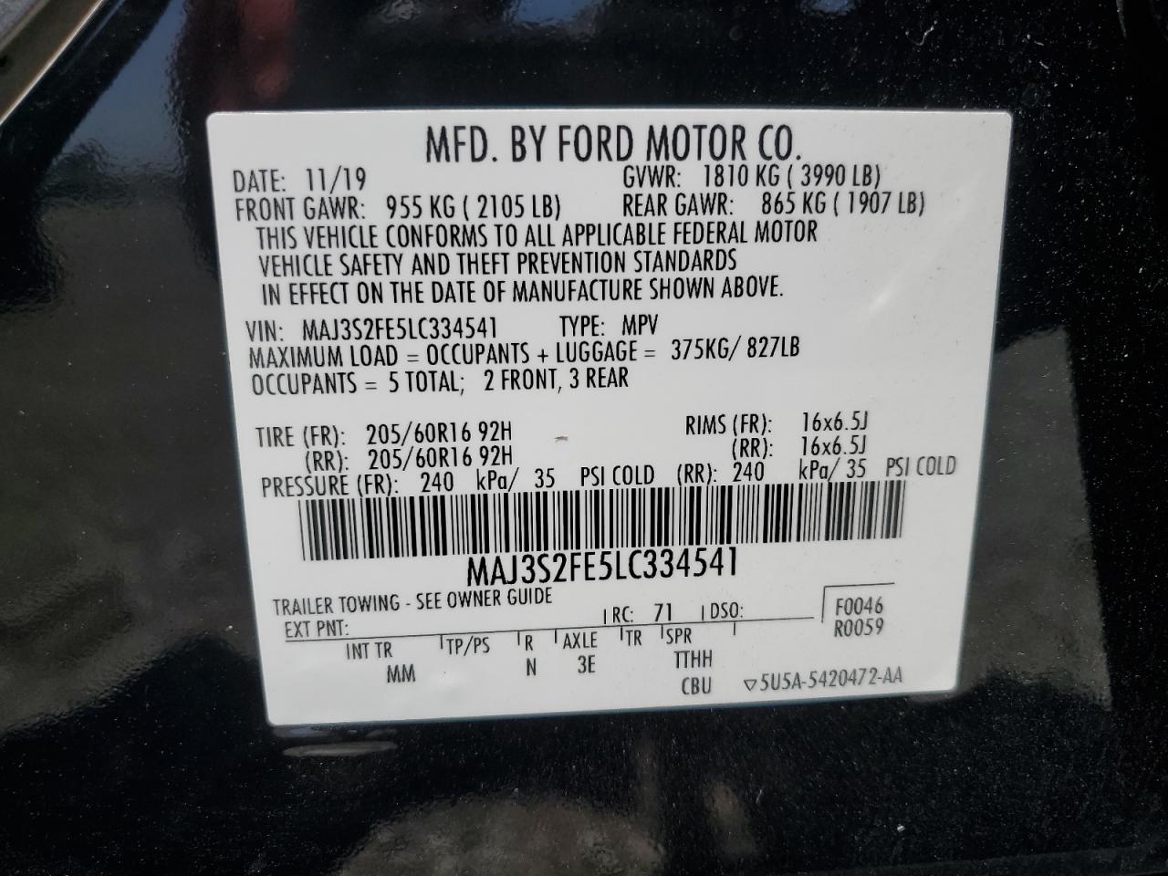2020 Ford Ecosport S VIN: MAJ3S2FE5LC334541 Lot: 62416195