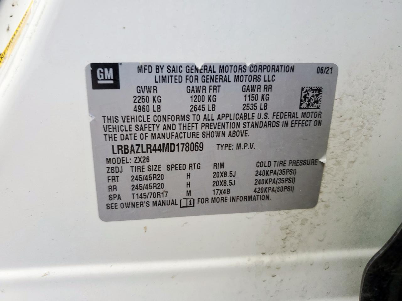 2021 Buick Envision Preferred VIN: LRBAZLR44MD178069 Lot: 62268815
