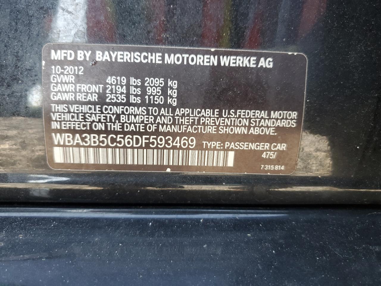 2013 BMW 328 Xi Sulev VIN: WBA3B5C56DF593469 Lot: 62335655